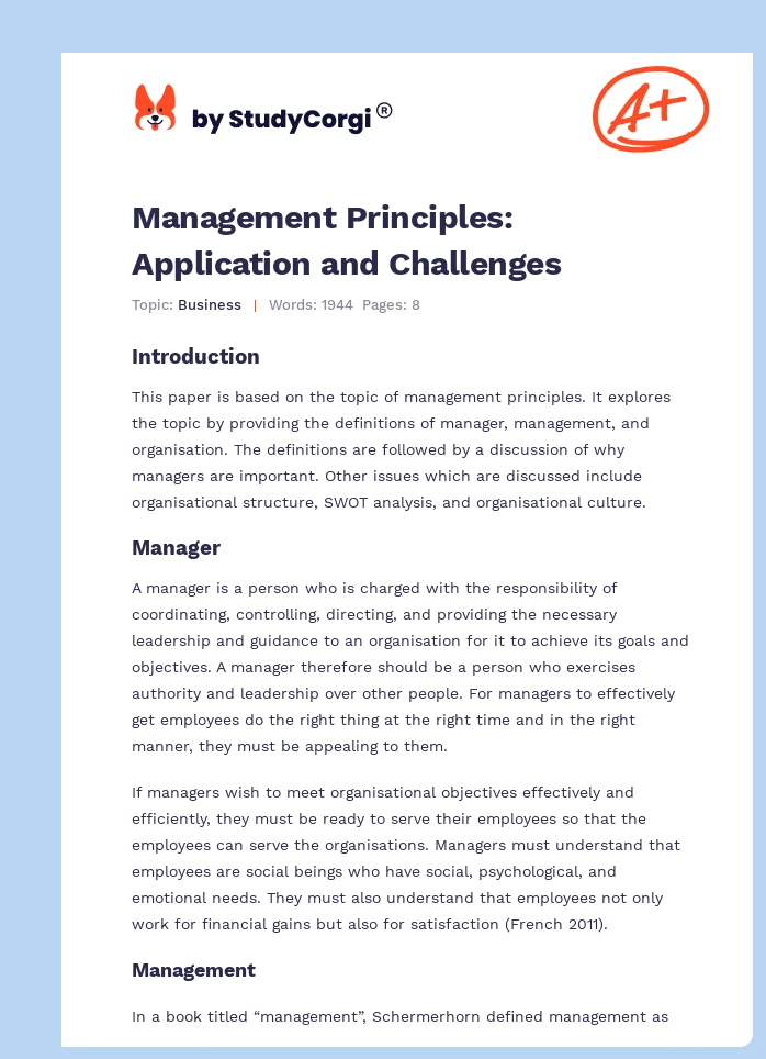 Management Principles: Application and Challenges. Page 1