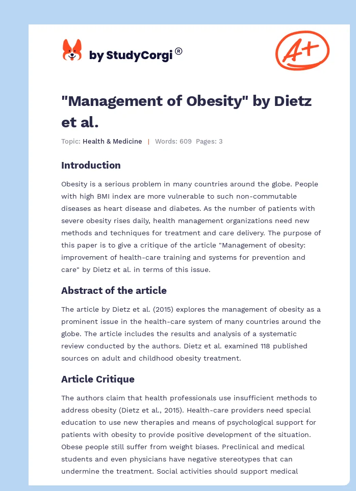 "Management of Obesity" by Dietz et al.. Page 1