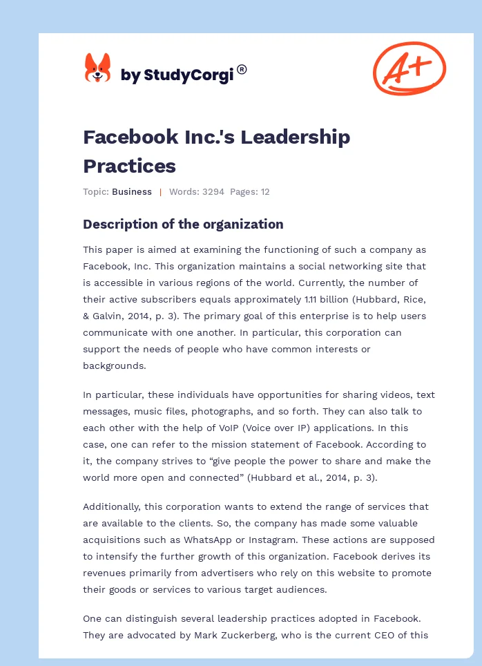 Facebook Inc.'s Leadership Practices. Page 1