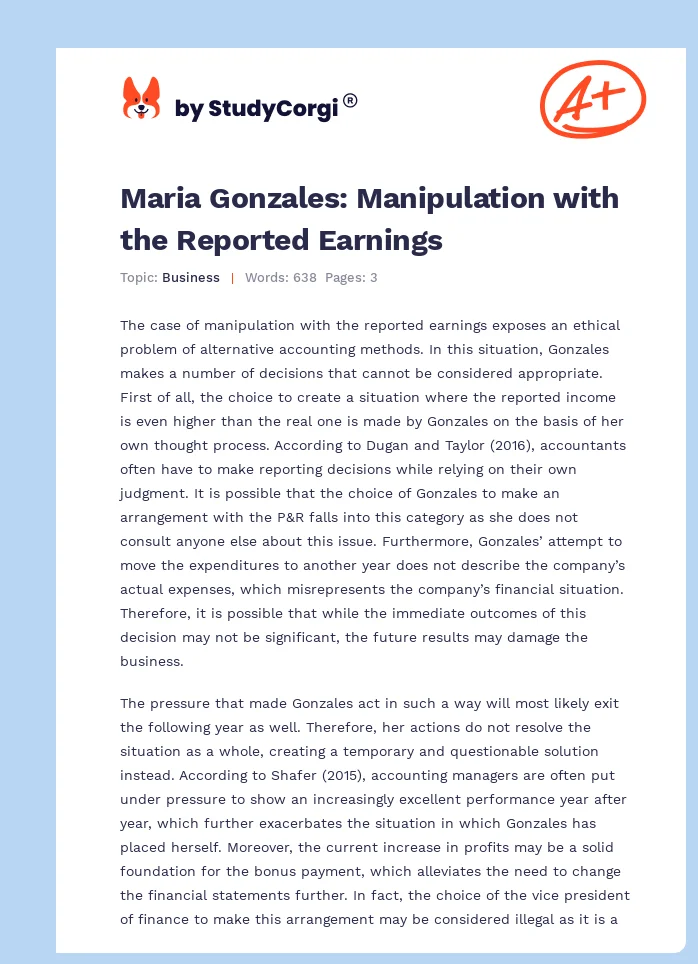 Maria Gonzales: Manipulation with the Reported Earnings. Page 1