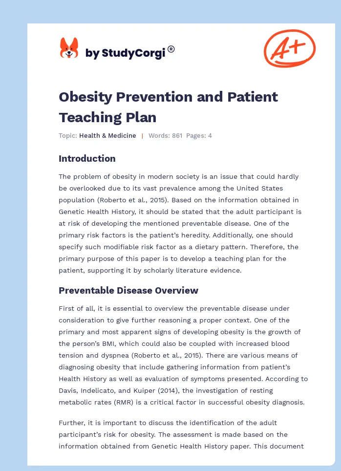 Obesity Prevention and Patient Teaching Plan. Page 1
