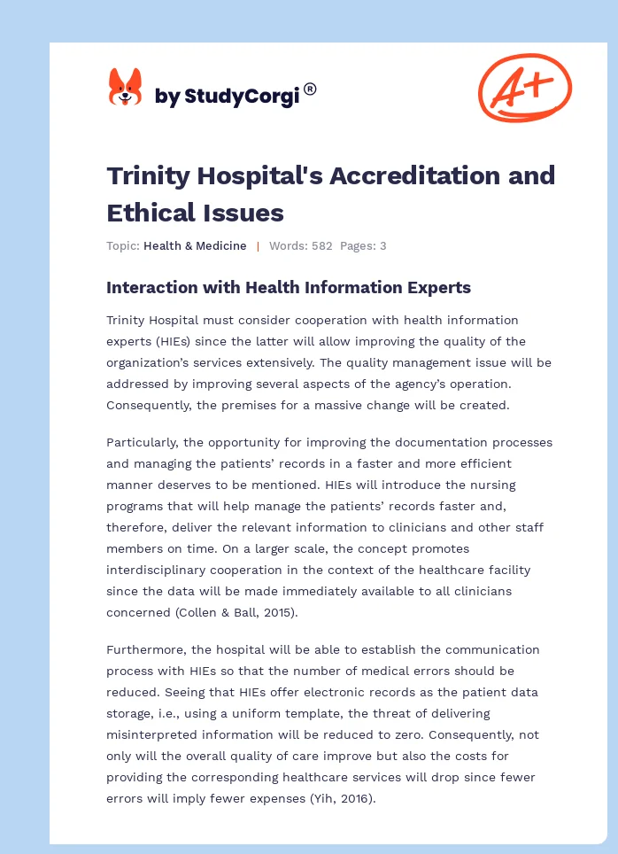 Trinity Hospital's Accreditation and Ethical Issues. Page 1