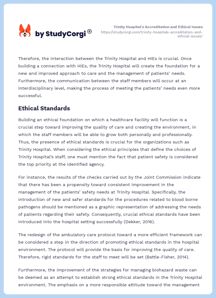 Trinity Hospital's Accreditation and Ethical Issues. Page 2