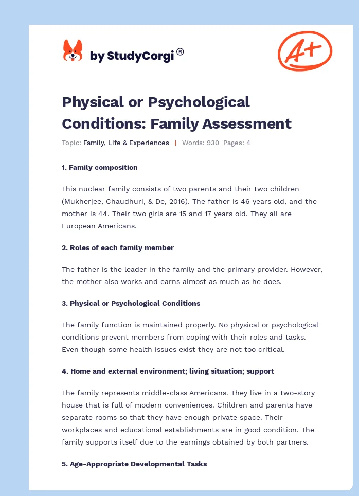 Physical or Psychological Conditions: Family Assessment. Page 1