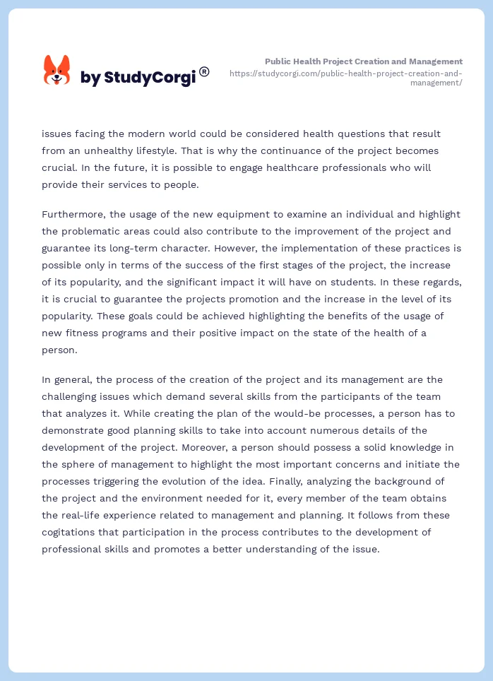Public Health Project Creation and Management. Page 2