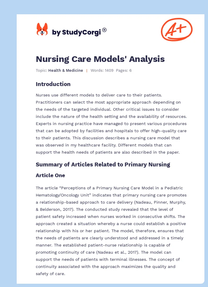 Nursing Care Models' Analysis. Page 1