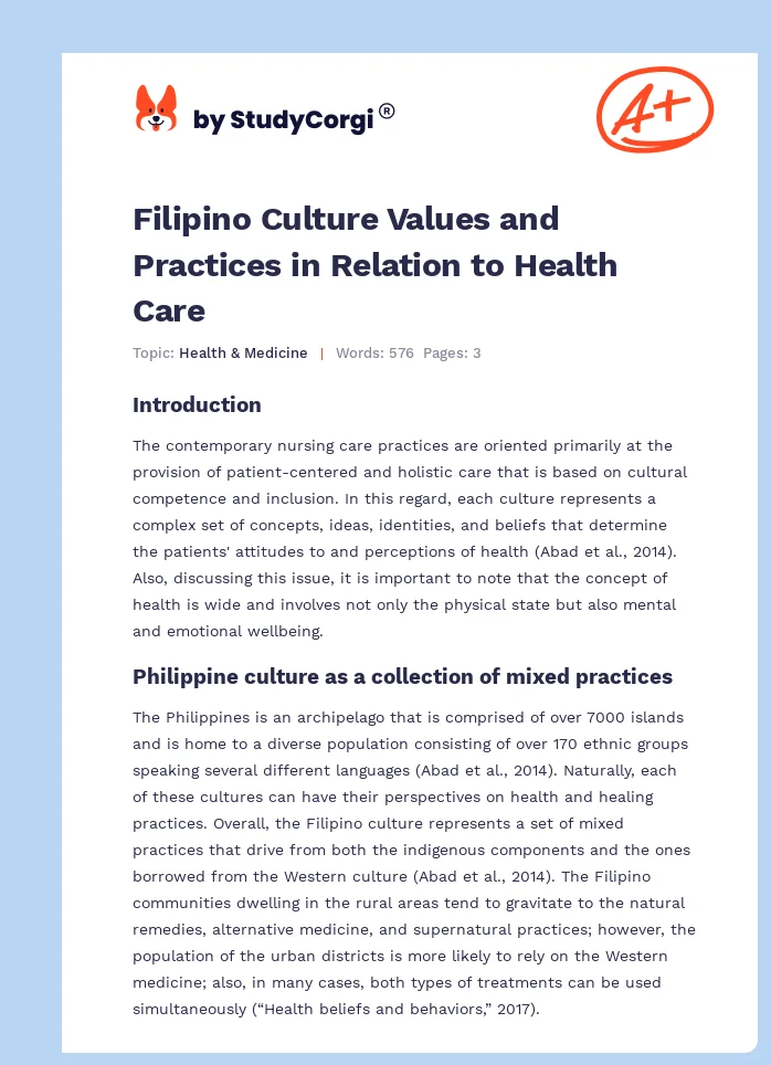 Filipino Culture Values and Practices in Relation to Health Care. Page 1
