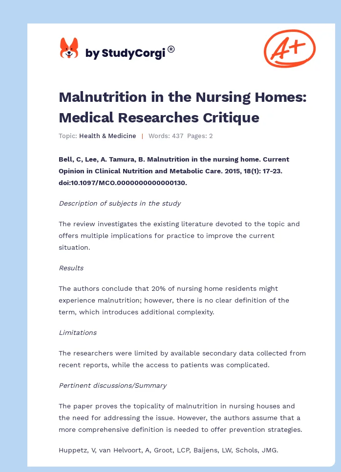 Malnutrition in the Nursing Homes: Medical Researches Critique. Page 1
