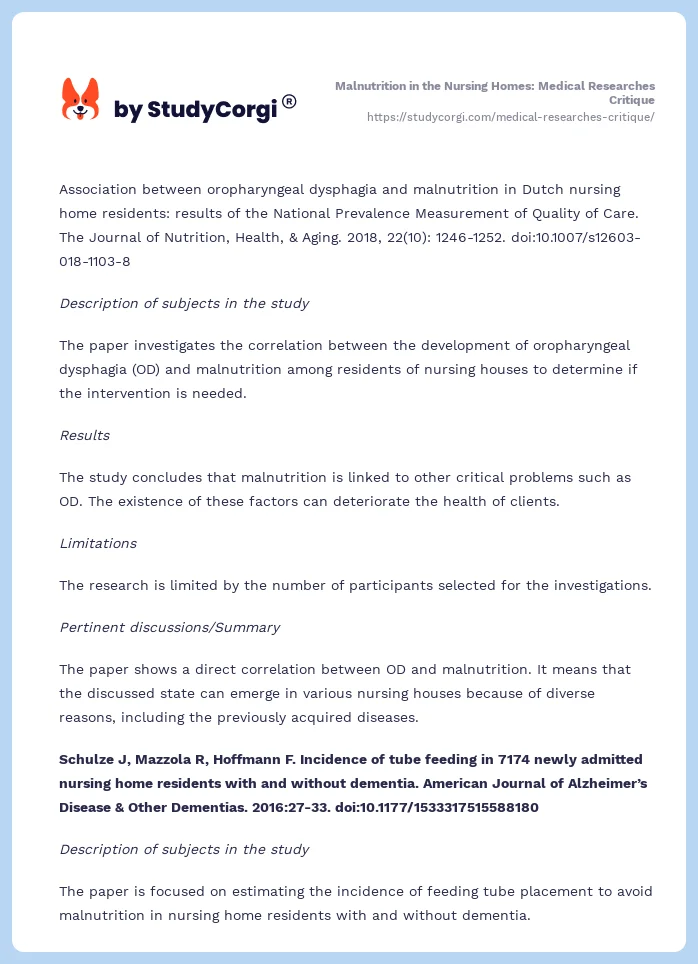 Malnutrition in the Nursing Homes: Medical Researches Critique. Page 2