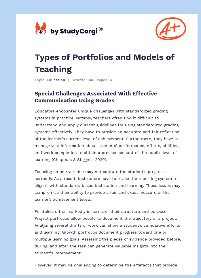 Types of Portfolios and Models of Teaching. Page 1