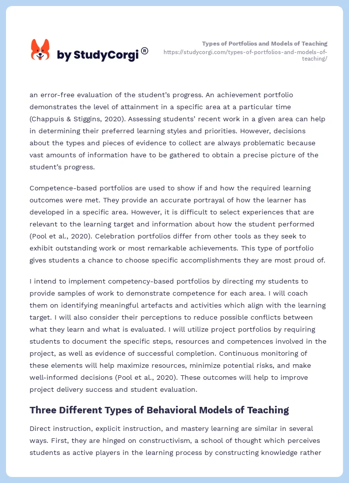 Types of Portfolios and Models of Teaching. Page 2