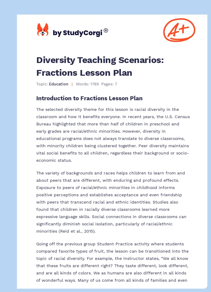Diversity Teaching Scenarios: Fractions Lesson Plan. Page 1