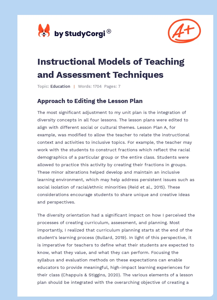 Instructional Models of Teaching and Assessment Techniques. Page 1