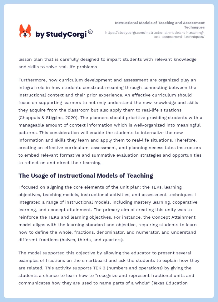 Instructional Models of Teaching and Assessment Techniques. Page 2