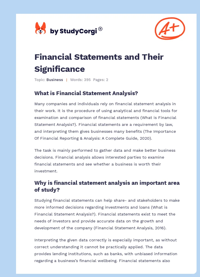 Financial Statements and Their Significance. Page 1