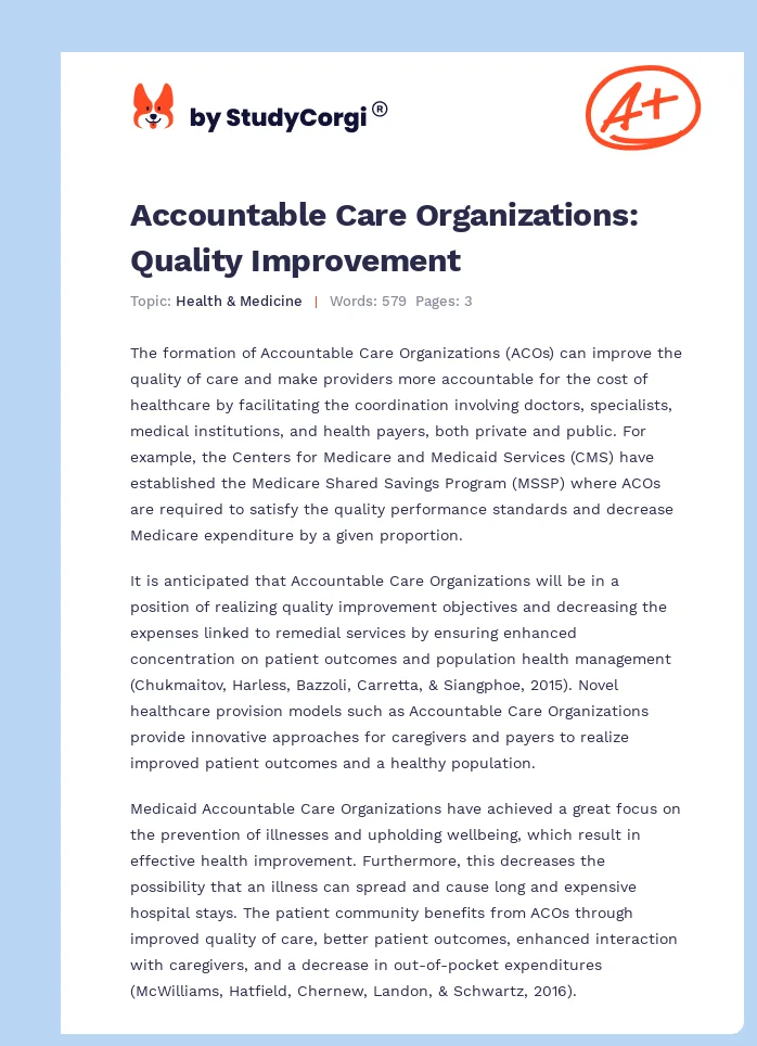 Accountable Care Organizations: Quality Improvement. Page 1