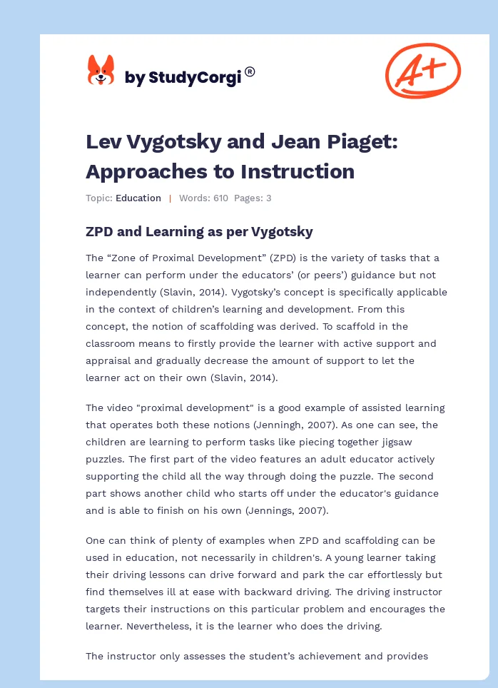 Lev Vygotsky and Jean Piaget: Approaches to Instruction. Page 1