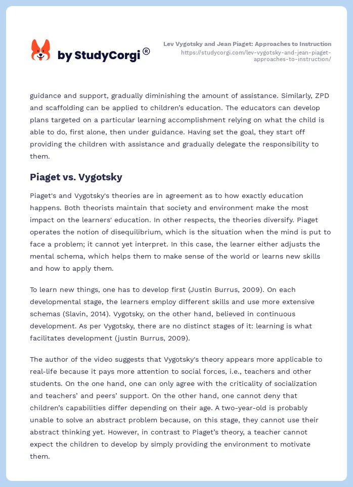 Lev Vygotsky and Jean Piaget: Approaches to Instruction. Page 2