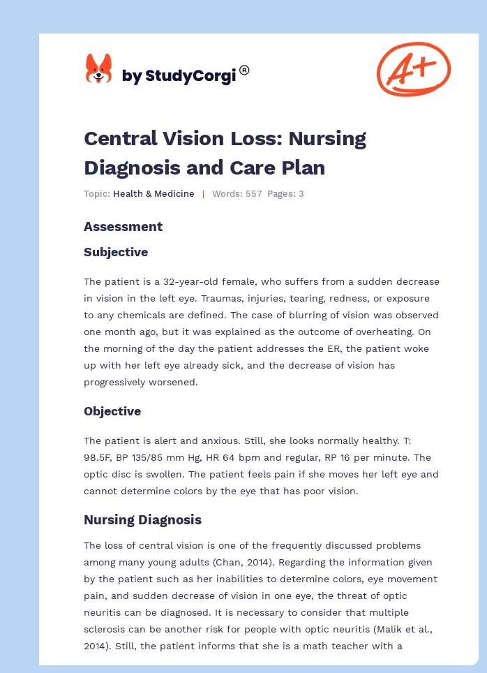 Central Vision Loss: Nursing Diagnosis and Care Plan. Page 1