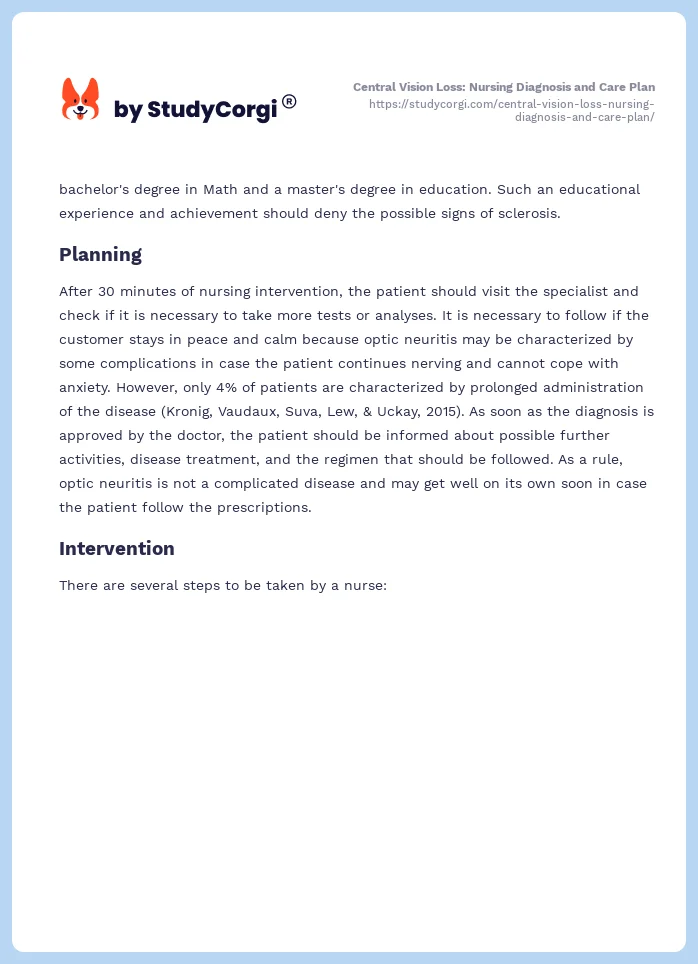 Central Vision Loss: Nursing Diagnosis and Care Plan. Page 2
