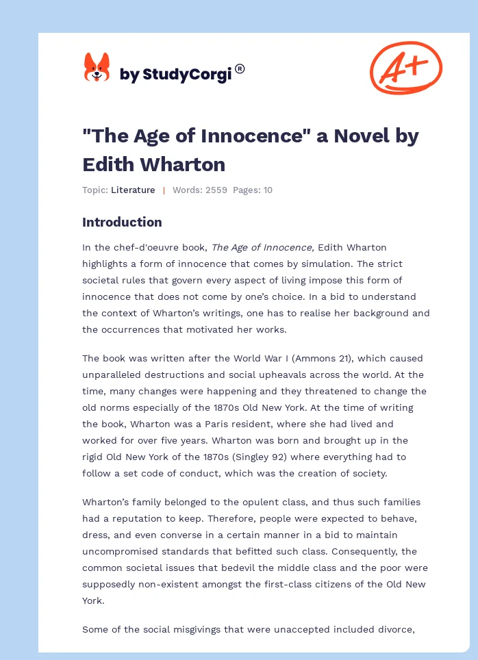 "The Age of Innocence" a Novel by Edith Wharton. Page 1