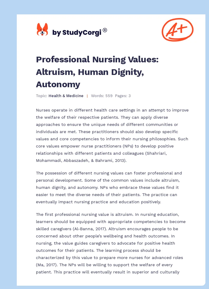 Professional Nursing Values: Altruism, Human Dignity, Autonomy. Page 1