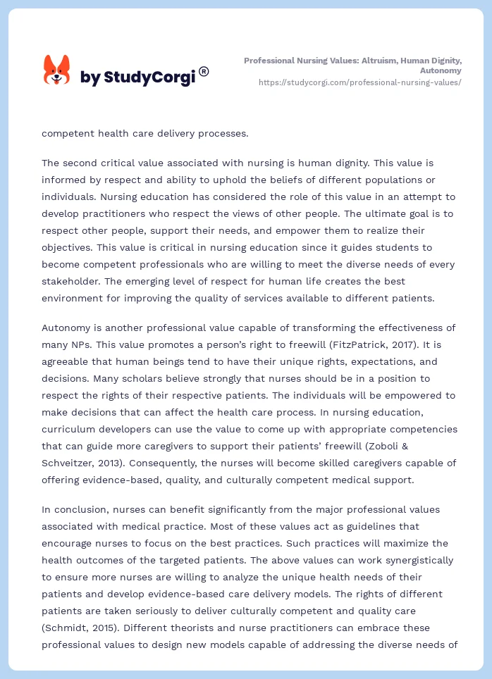 Professional Nursing Values: Altruism, Human Dignity, Autonomy. Page 2