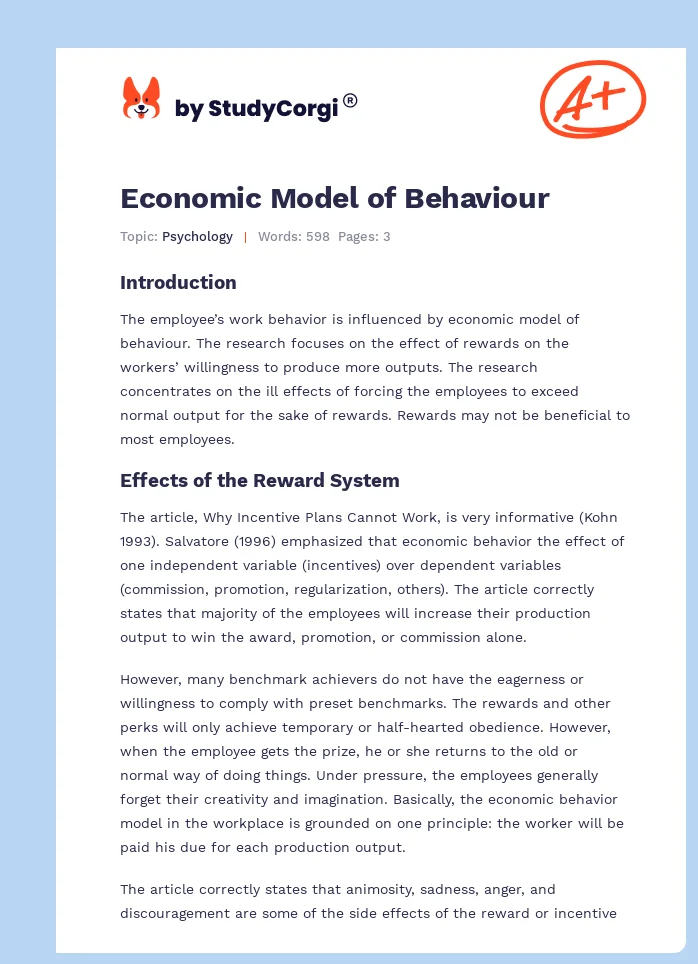 Economic Model of Behaviour. Page 1