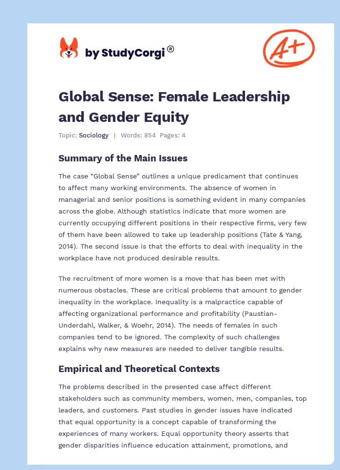 Global Sense: Female Leadership and Gender Equity. Page 1