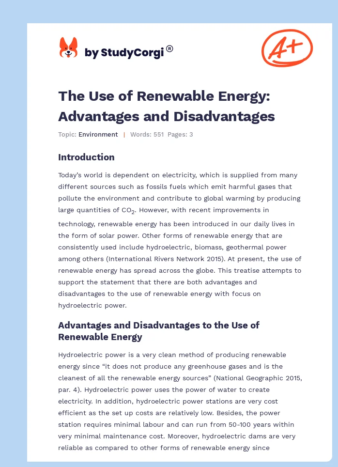 The Use of Renewable Energy: Advantages and Disadvantages. Page 1