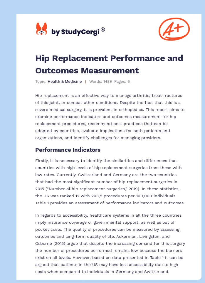 Hip Replacement Performance and Outcomes Measurement. Page 1