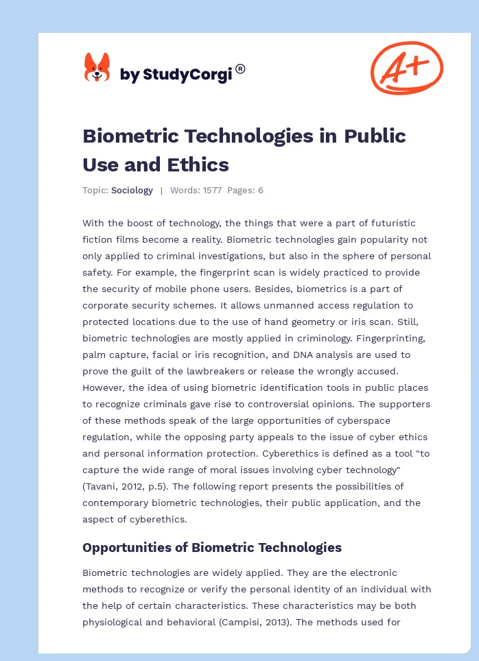 Biometric Technologies in Public Use and Ethics. Page 1