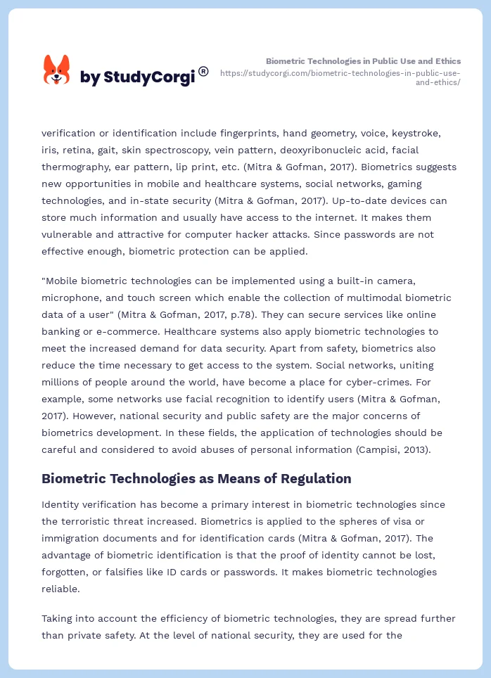 Biometric Technologies in Public Use and Ethics. Page 2