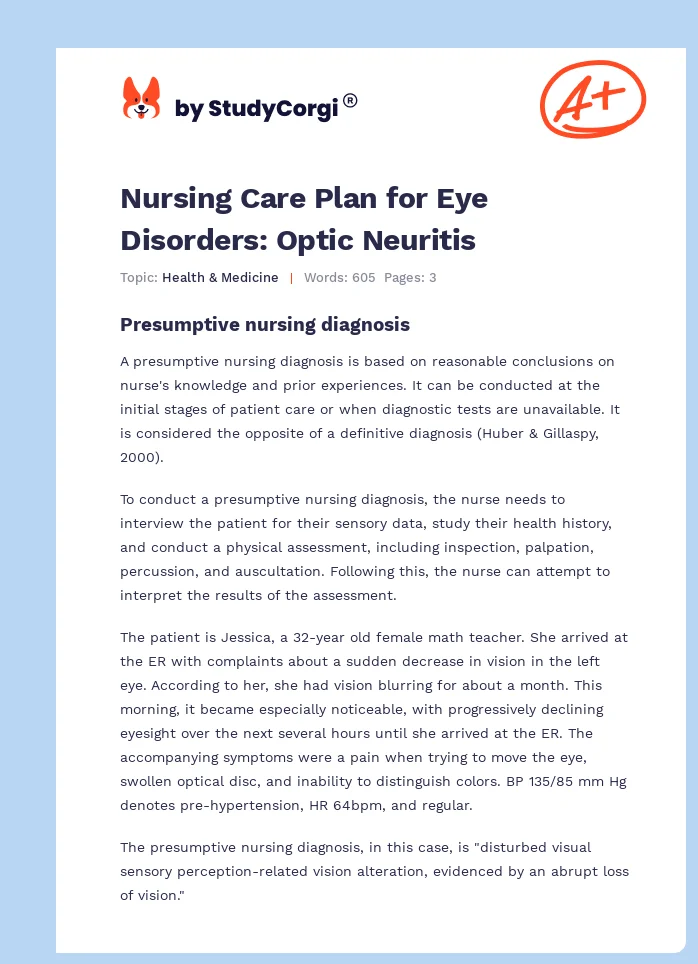 Nursing Care Plan for Eye Disorders: Optic Neuritis. Page 1
