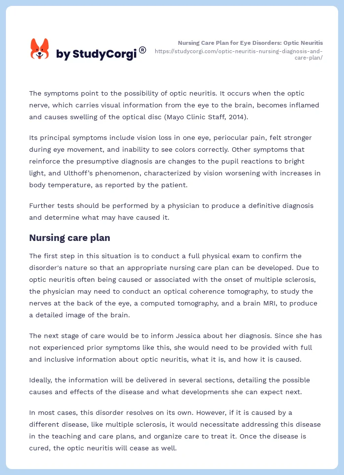 Optic Neuritis: Nursing Diagnosis and Care Plan. Page 2