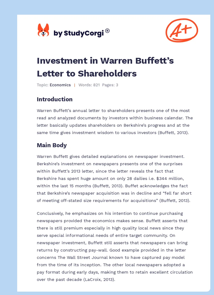 Investment in Warren Buffett’s Letter to Shareholders. Page 1
