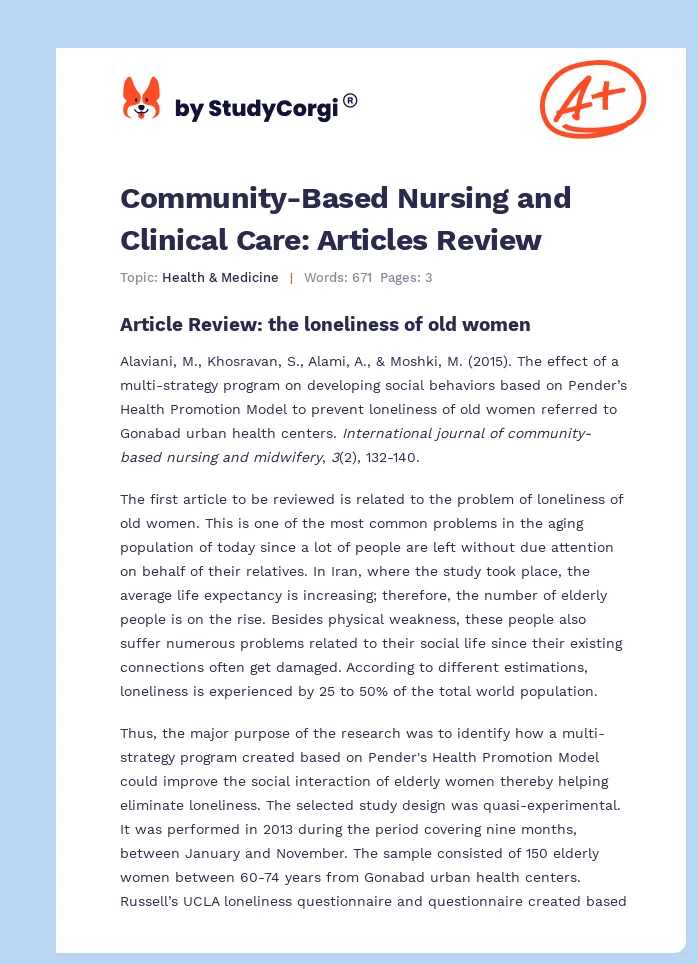 Community-Based Nursing and Clinical Care: Articles Review. Page 1