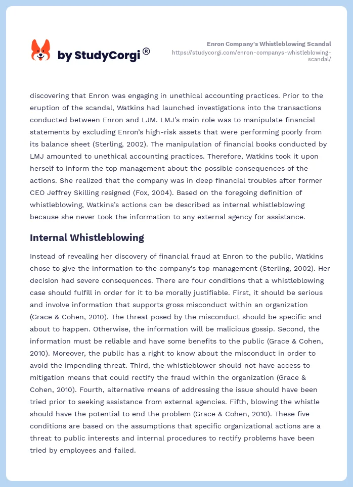 Enron Company's Whistleblowing Scandal. Page 2