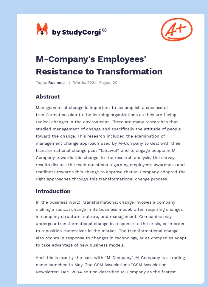 M-Company's Employees' Resistance to Transformation. Page 1