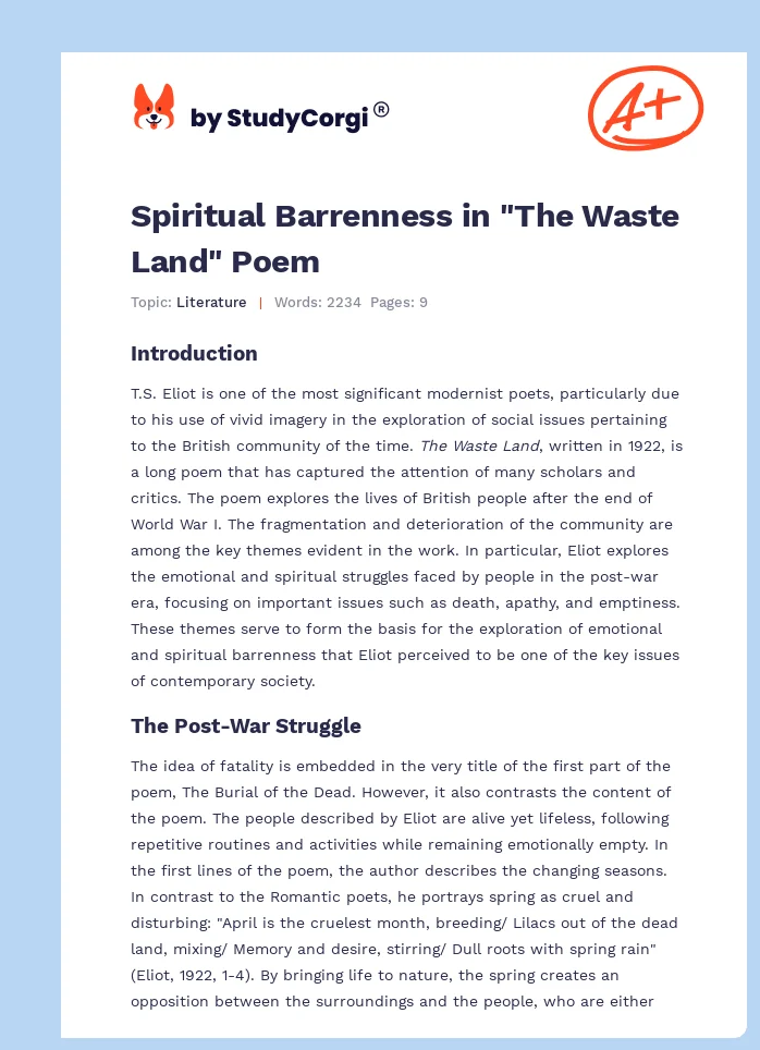 Spiritual Barrenness in "The Waste Land" Poem. Page 1