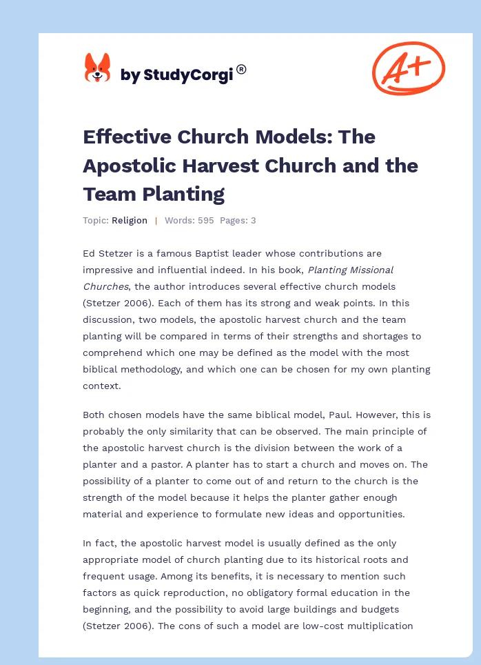 Effective Church Models: The Apostolic Harvest Church and the Team Planting. Page 1