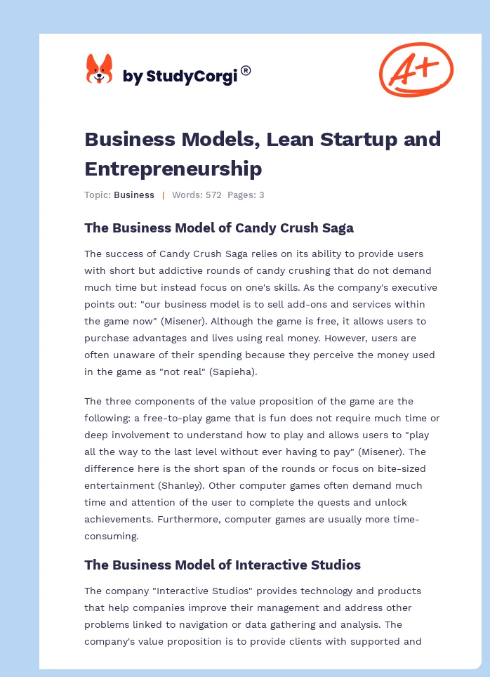 Business Models, Lean Startup and Entrepreneurship. Page 1