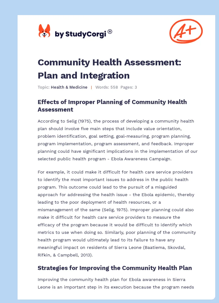Community Health Assessment: Plan and Integration. Page 1