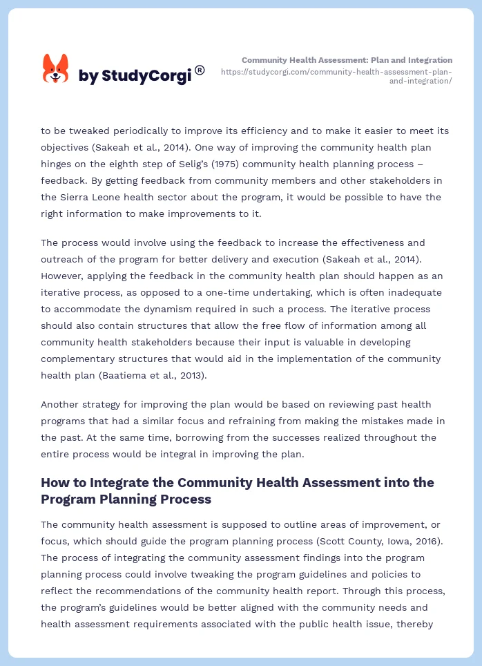 Community Health Assessment: Plan and Integration. Page 2