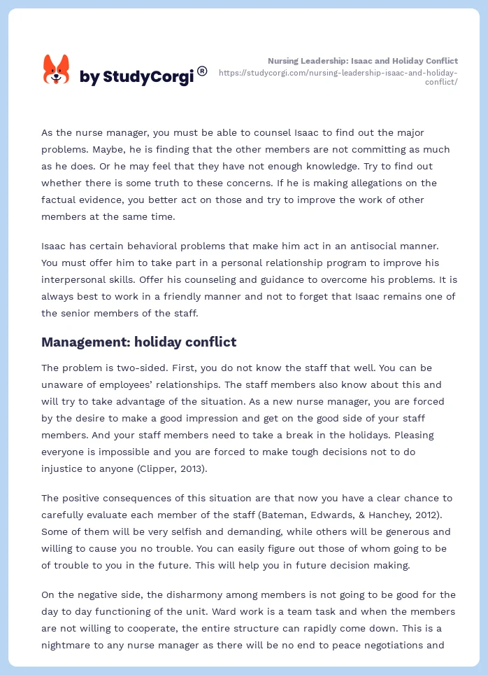 Nursing Leadership: Isaac and Holiday Conflict. Page 2