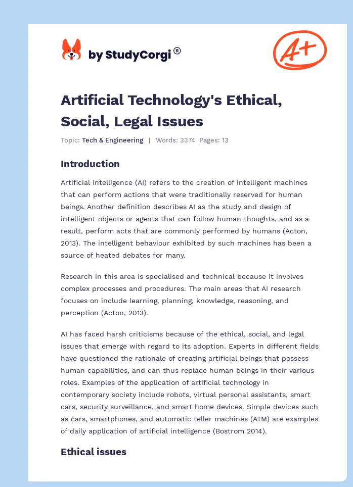 Artificial Technology's Ethical, Social, Legal Issues. Page 1