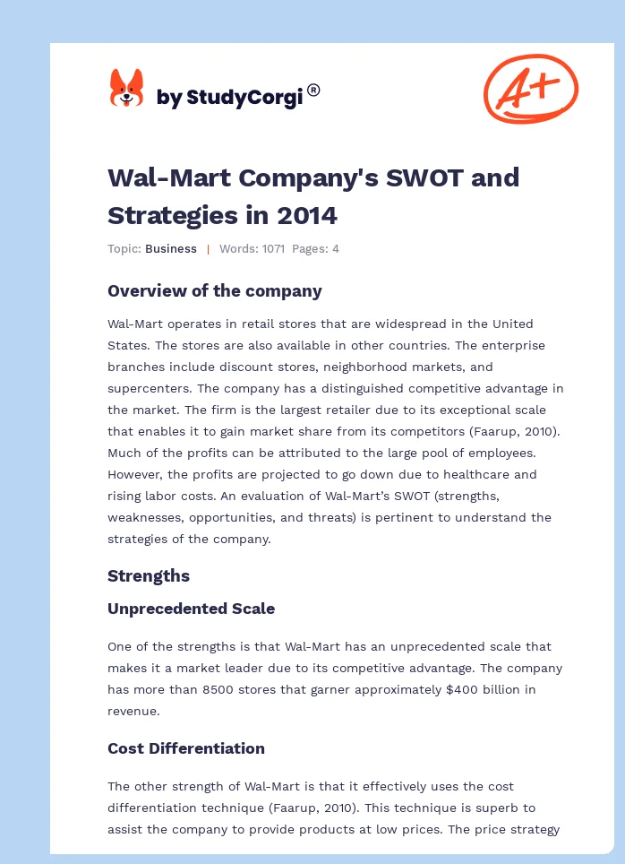Wal-Mart Company's SWOT and Strategies in 2014. Page 1