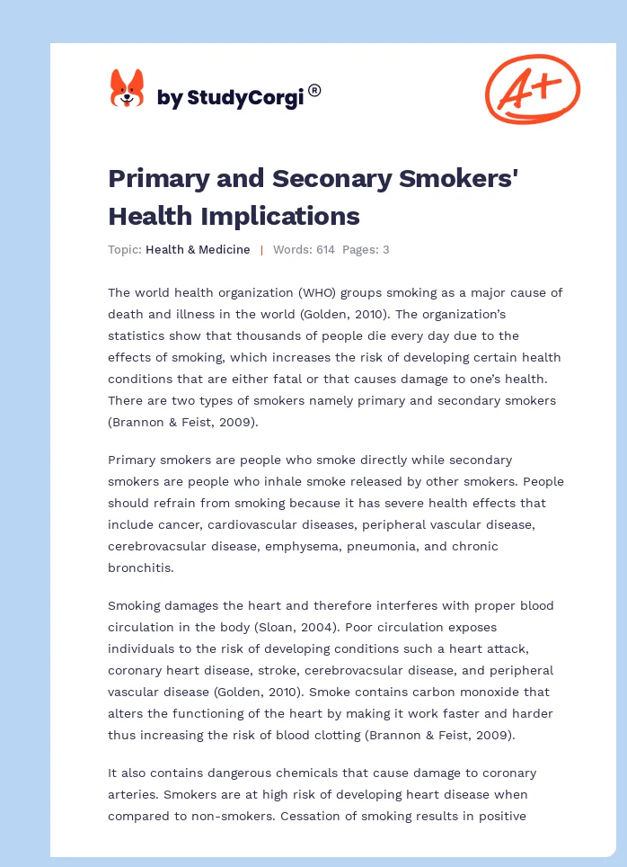 Primary and Seconary Smokers' Health Implications. Page 1