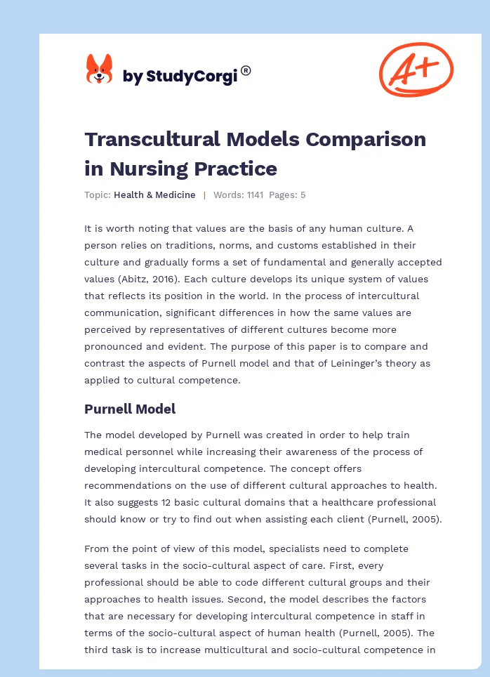 Transcultural Models Comparison in Nursing Practice. Page 1