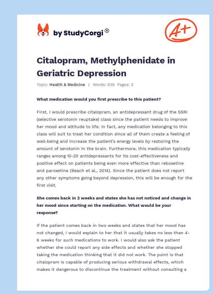 Citalopram, Methylphenidate in Geriatric Depression. Page 1